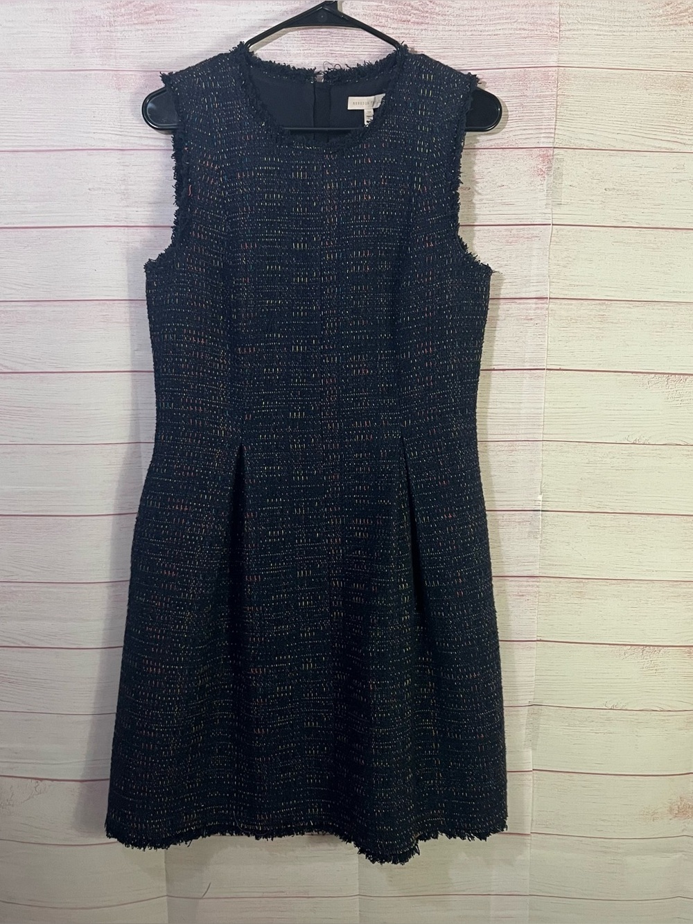 Rebecca Taylor Tweed Navy Blue with Muticolor Sheath Fringe Hem Dress Size 12